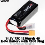 Vcanz Power 14.8V 75C 1550mAh 4S Li-Po Battery with XT60 Plug for Mini Multicopter, Racing Drone
